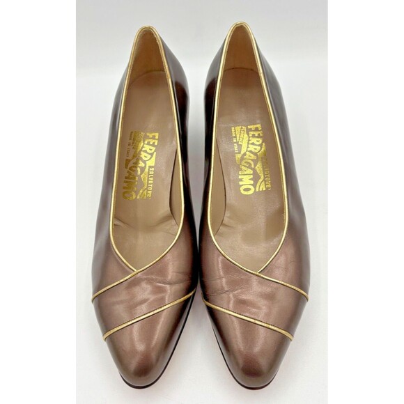 Salvatore Ferragamo‎ Women’s Leather Pumps Sz 8B Bronze w Gold Trim DD10681 EUC - Picture 2 of 16